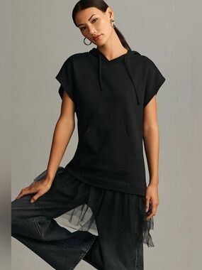 nwt by anthropologie tulle short-sleeve sweatshirt in black S